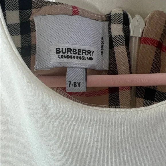 Burberry White and Navy Kids Dress with Plaid Detail